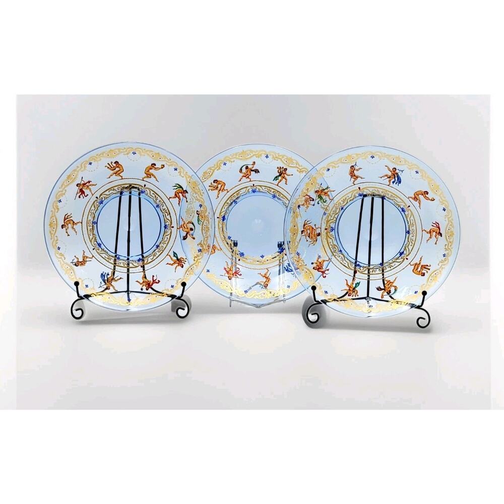 3 Antique Venetian Murano Salviati Style Enameled Gilded Cherub Putti Plates Rar